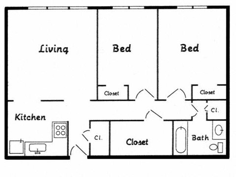 Floor plan for 2 beds, 1 bath, 860 sqft